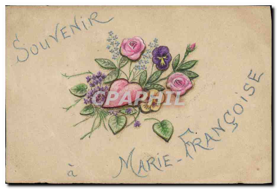 CPA Dessin a la main Fleurs Coeur