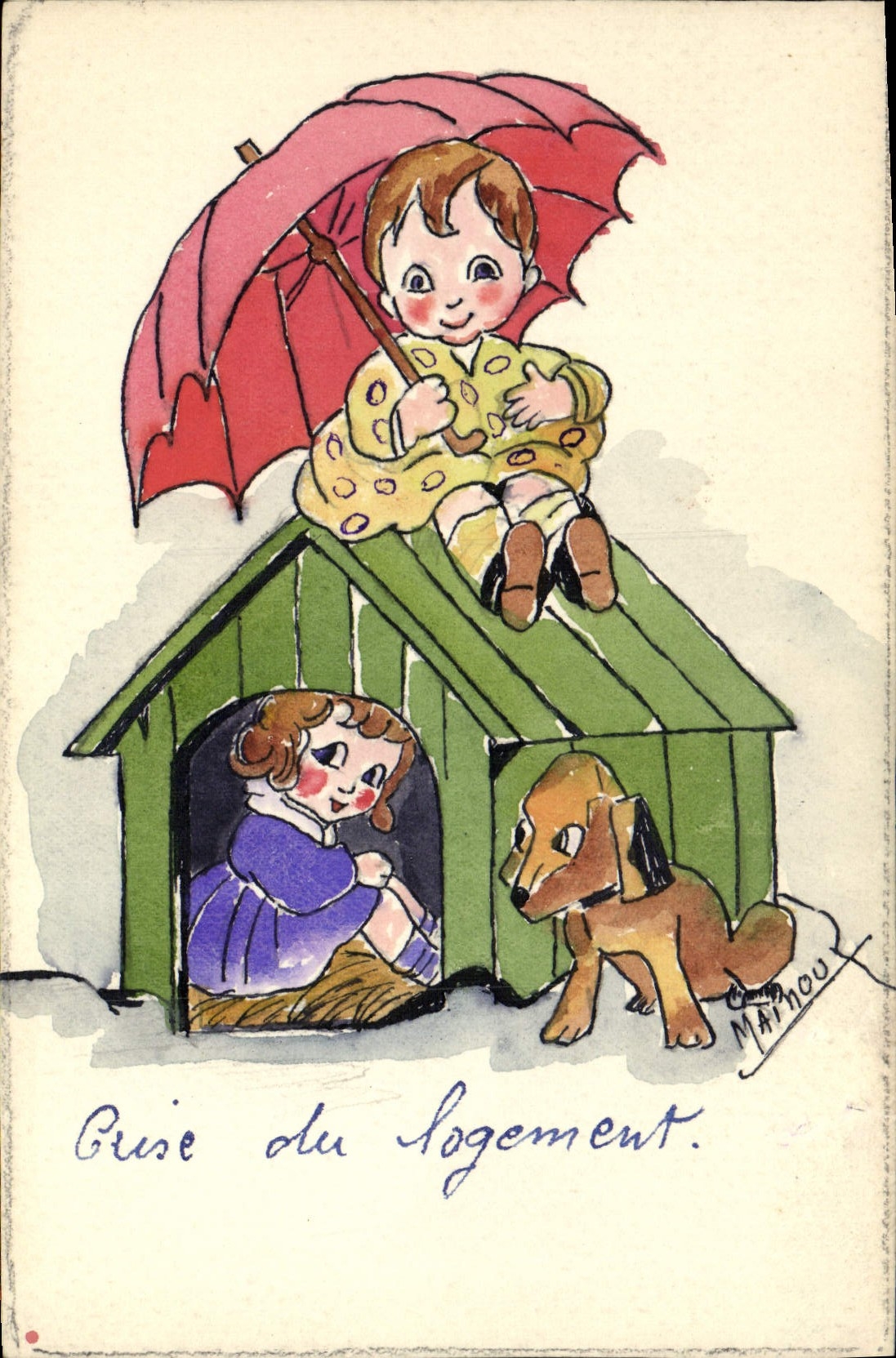 CPA Dessin a la main Chien Enfants