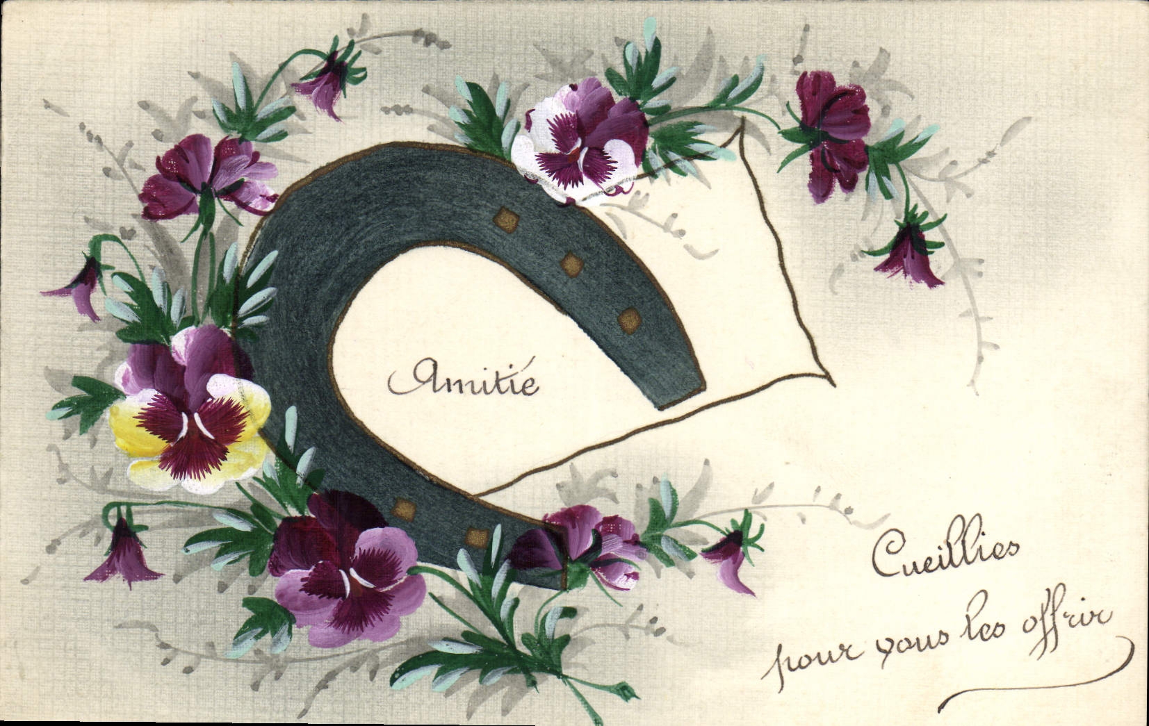 CPA Dessin a la main Fleurs Fer a cheval