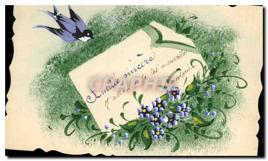 CPA Dessin a la main Fleurs Hirondelle