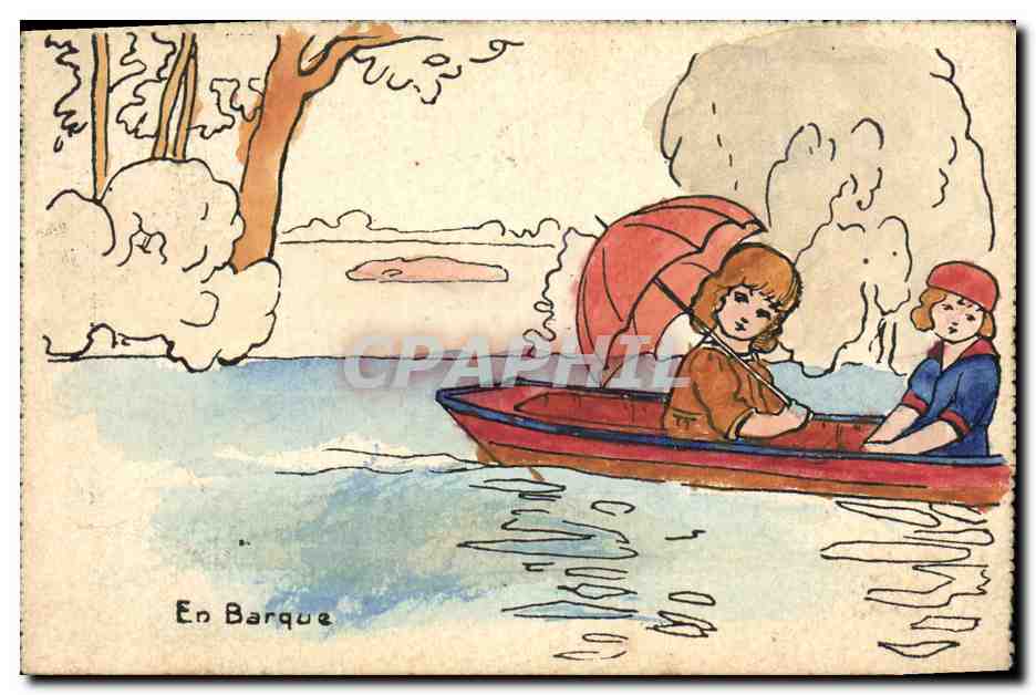 CPA Dessin a la main Enfants en barque