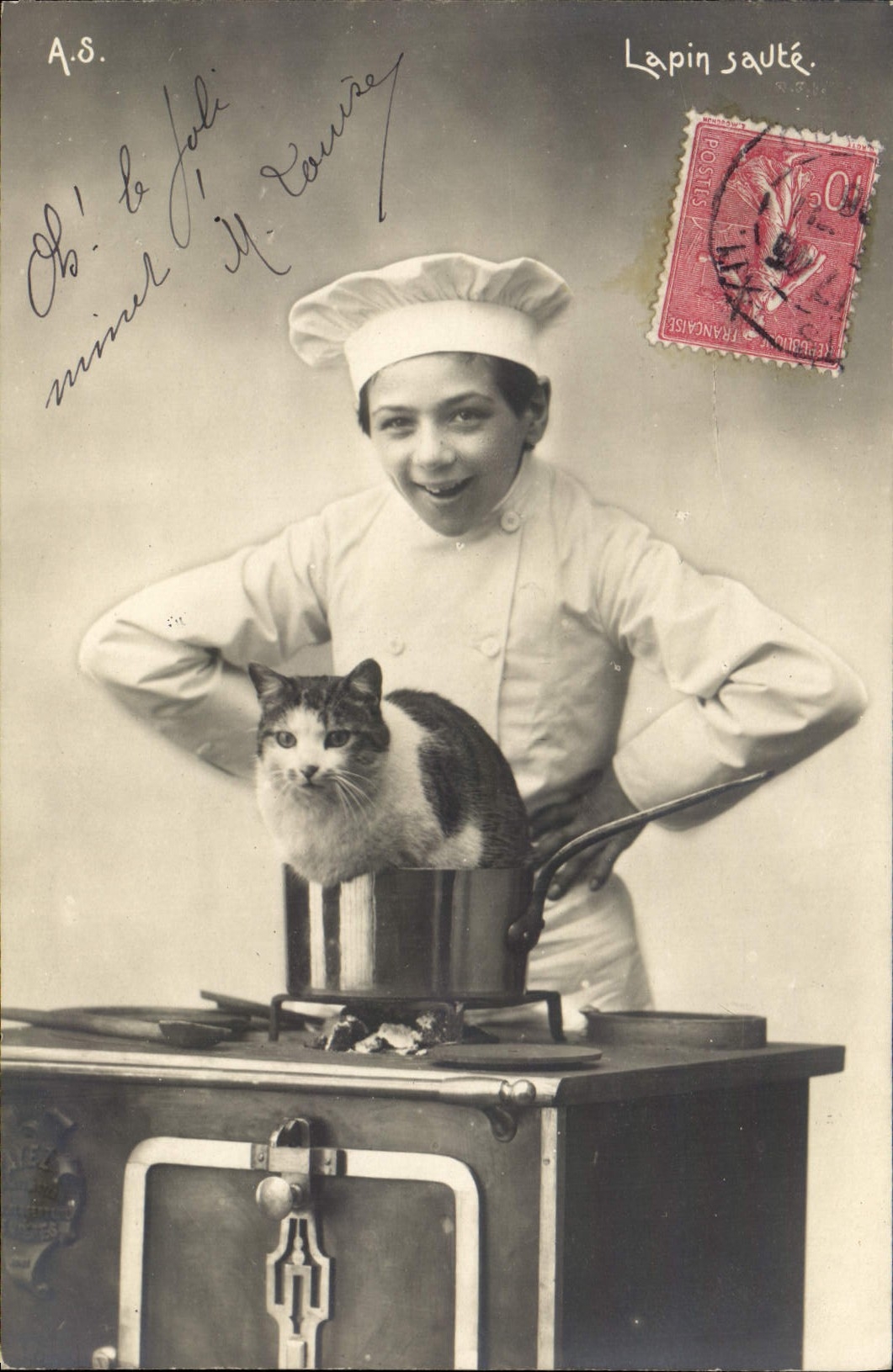 CPA Chat chats Chaton Enfant Lapin saute