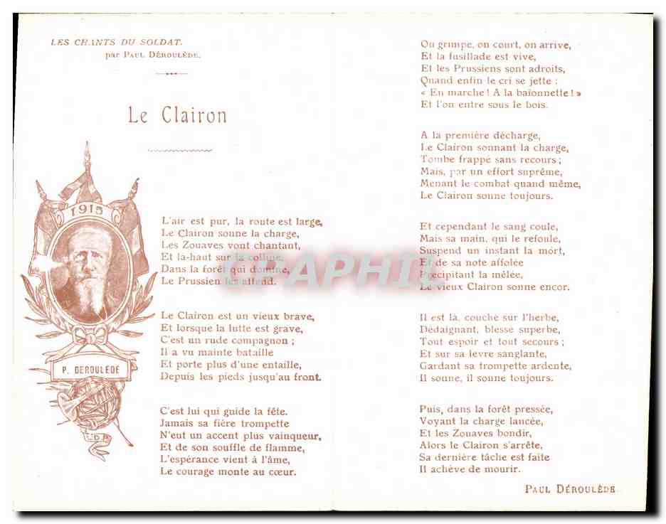 CPA Militaria Le Clairon Les chants du soldat Paul Deroulede — Verso