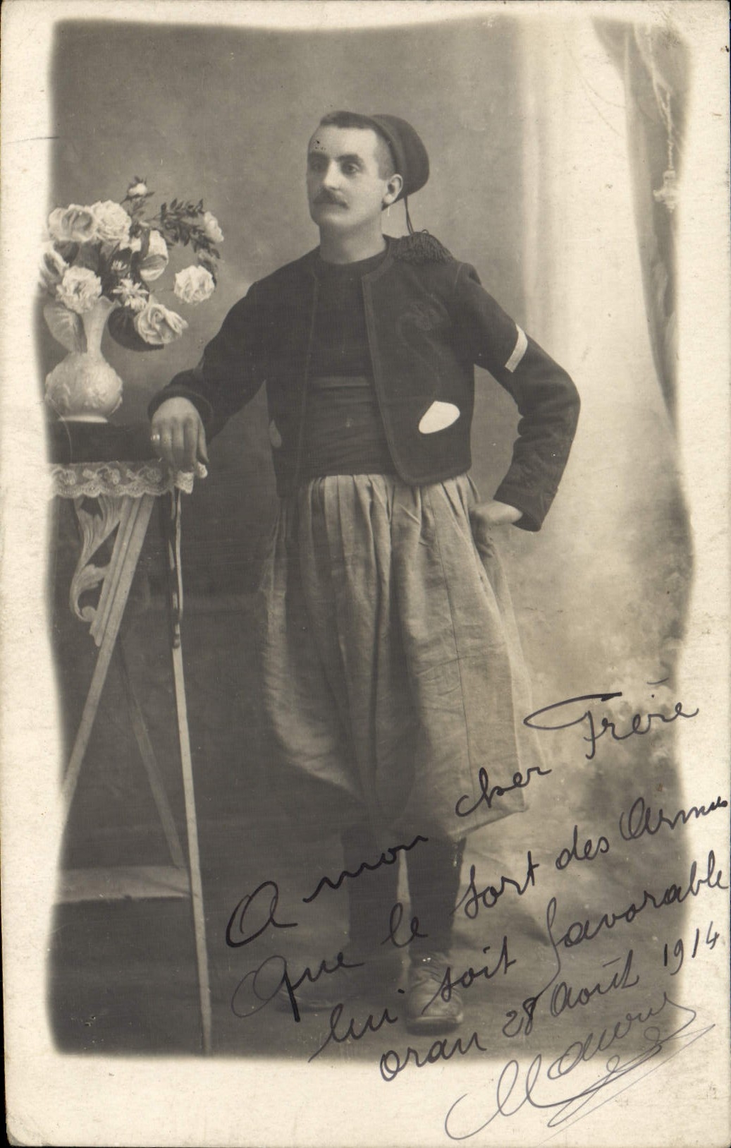 Soldat en tenue d'Algerie — Oran, 28 août 1914 — signature de l'expéditeur