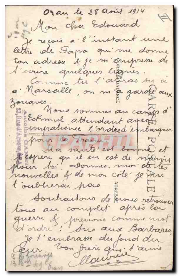 Soldat en tenue d'Algerie — Oran, 28 août 1914 — signature de l'expéditeur — Verso
