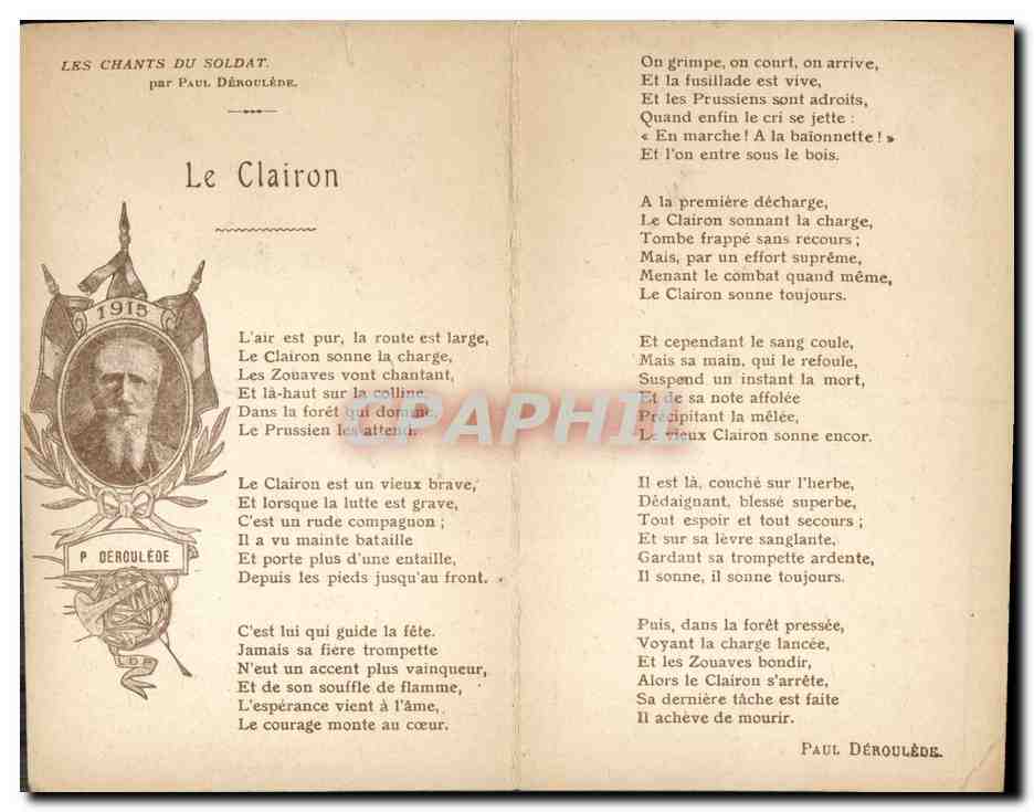 CPA Militaria Le Clairon Les chants du soldat Paul Deroulede — Verso
