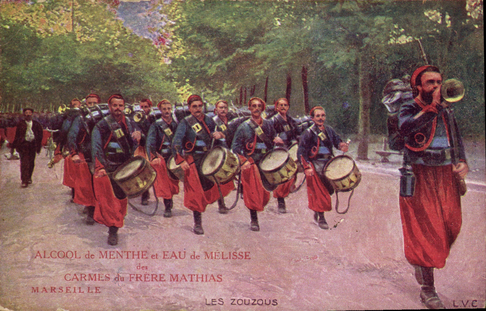 Marche de zouzous — publicité pour l'alcool de menthe et eau de mélisse du Frère Mathias — Marseille