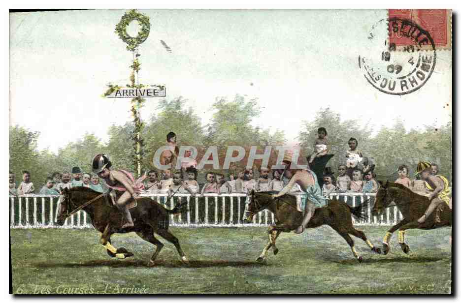 CPA Fantaisie Enfant Bebe Les courses L'arrivee Cheval Hippisme