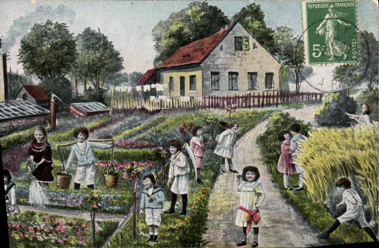 Enfants dans un jardin — scène de vie — éditeur K.V.I.B. n° 895