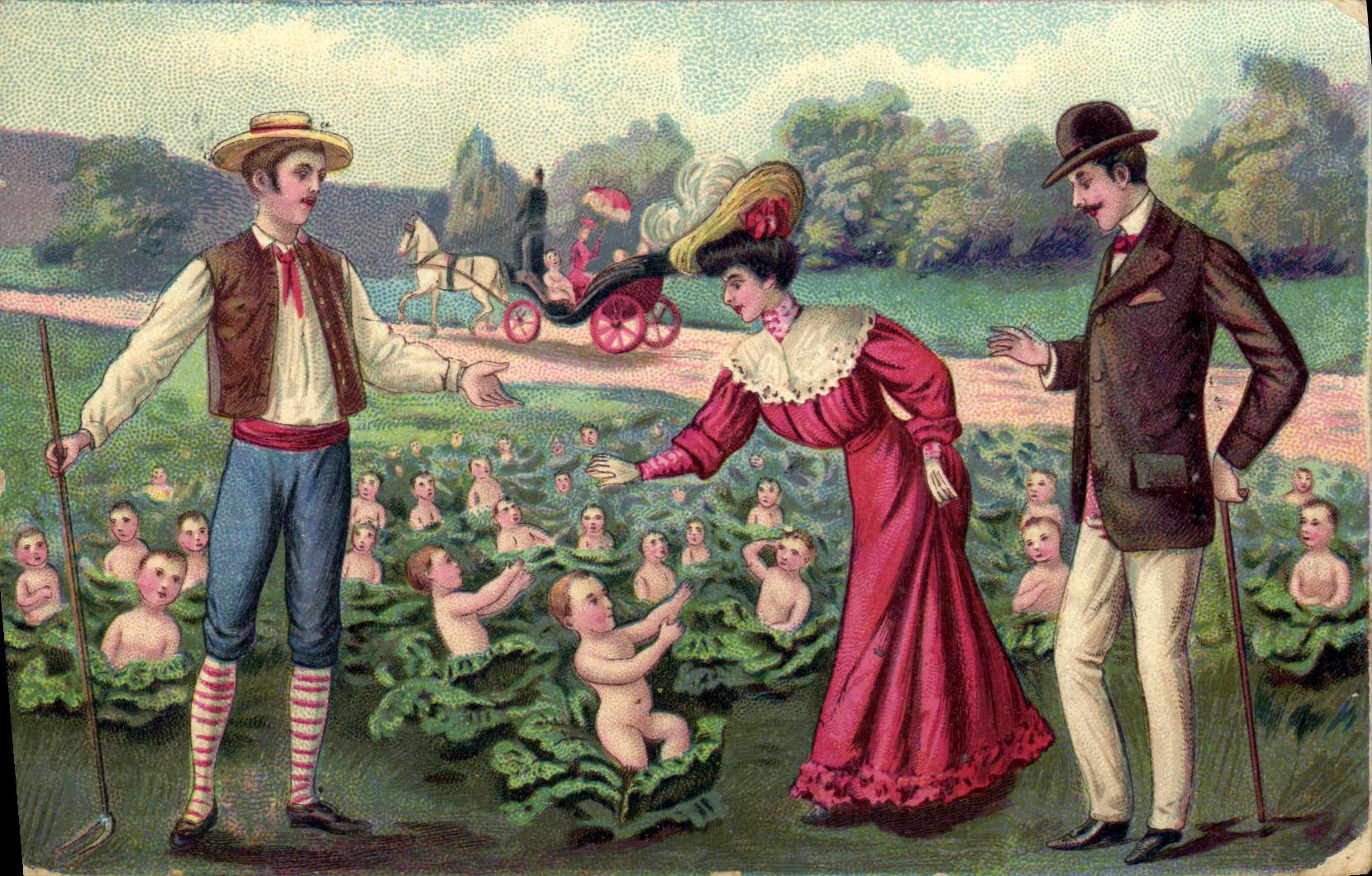 Famille et enfants dans un champ — illustration satirique — J.C. Paris