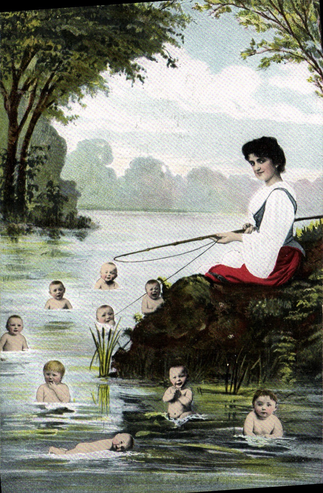 Femme pêchant avec des enfants dans un lac — éditeur K.V.I.B. n° 12, série 785