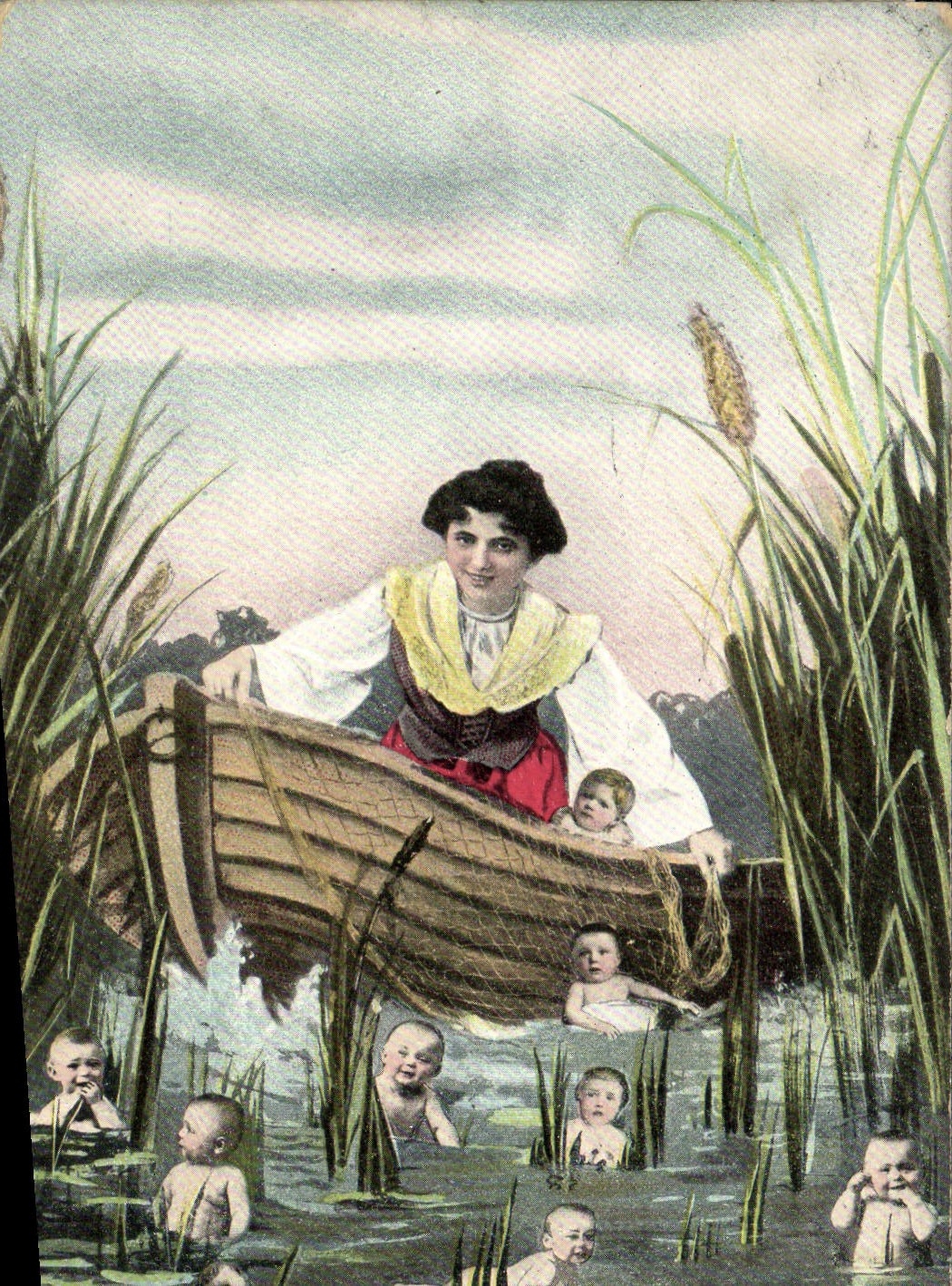 Femme avec des enfants dans une barque — scène de bain dans les roseaux — éditeur non visible