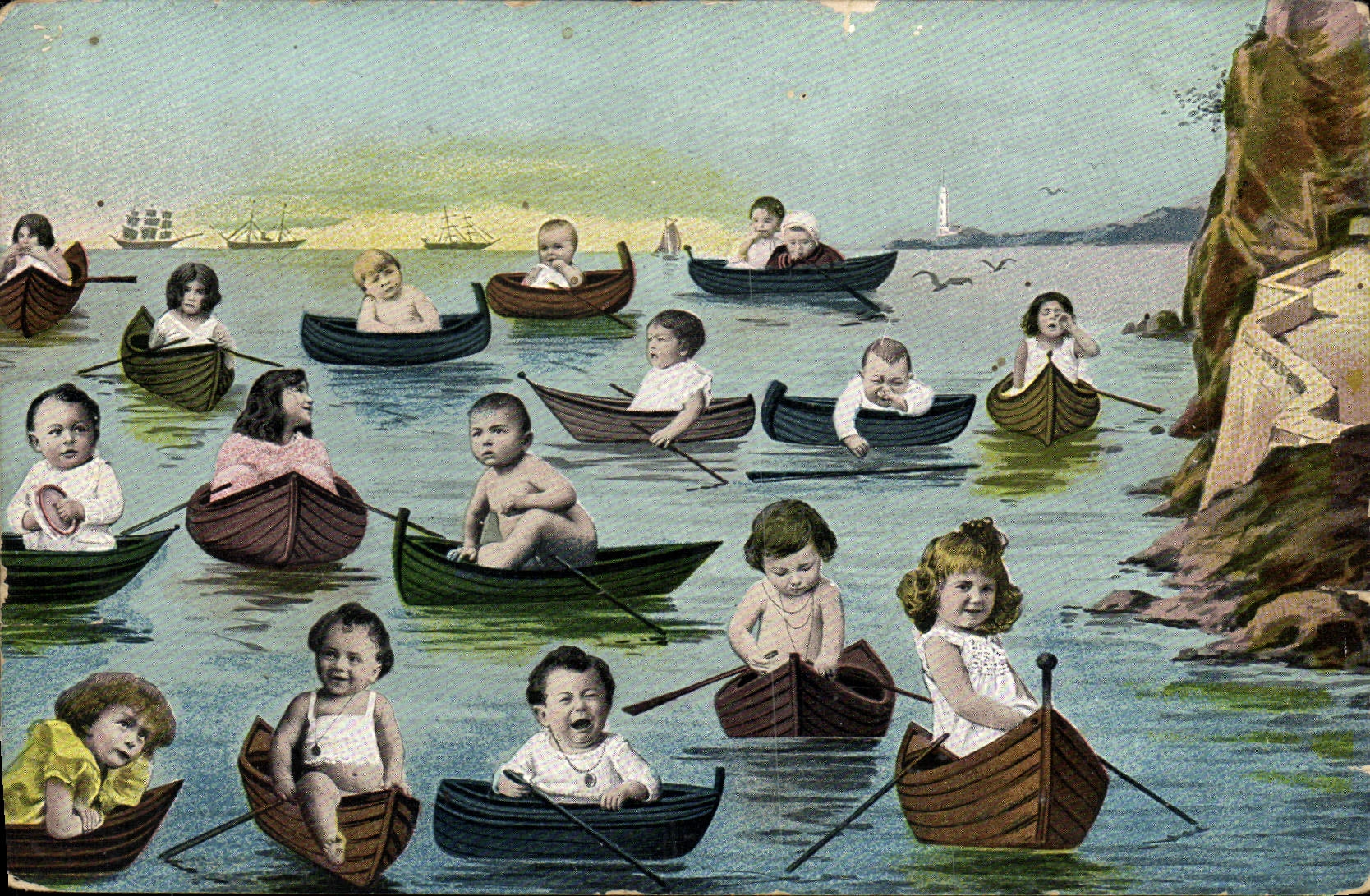 Enfants dans des barques — scène de rivage — éditeur Union postale universelle, série 303
