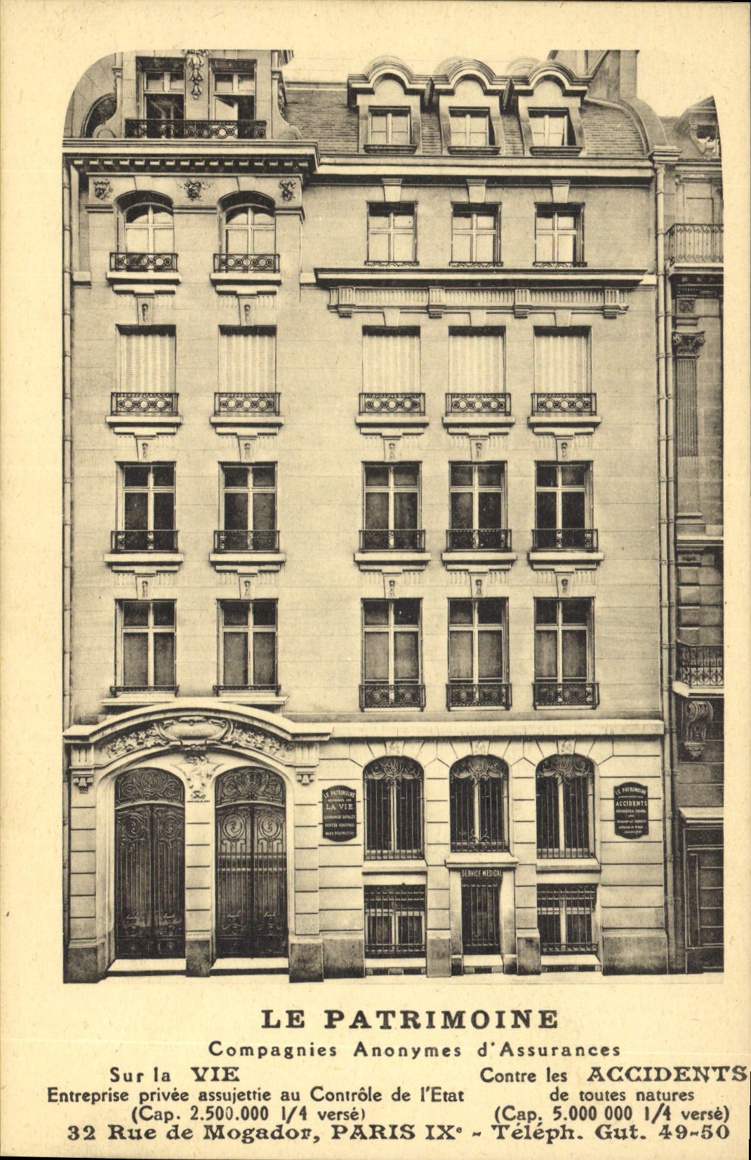 32 Rue de Mogador, PARIS IX — Compagnies Anonymes d'Assurances LE PATRIMOINE
