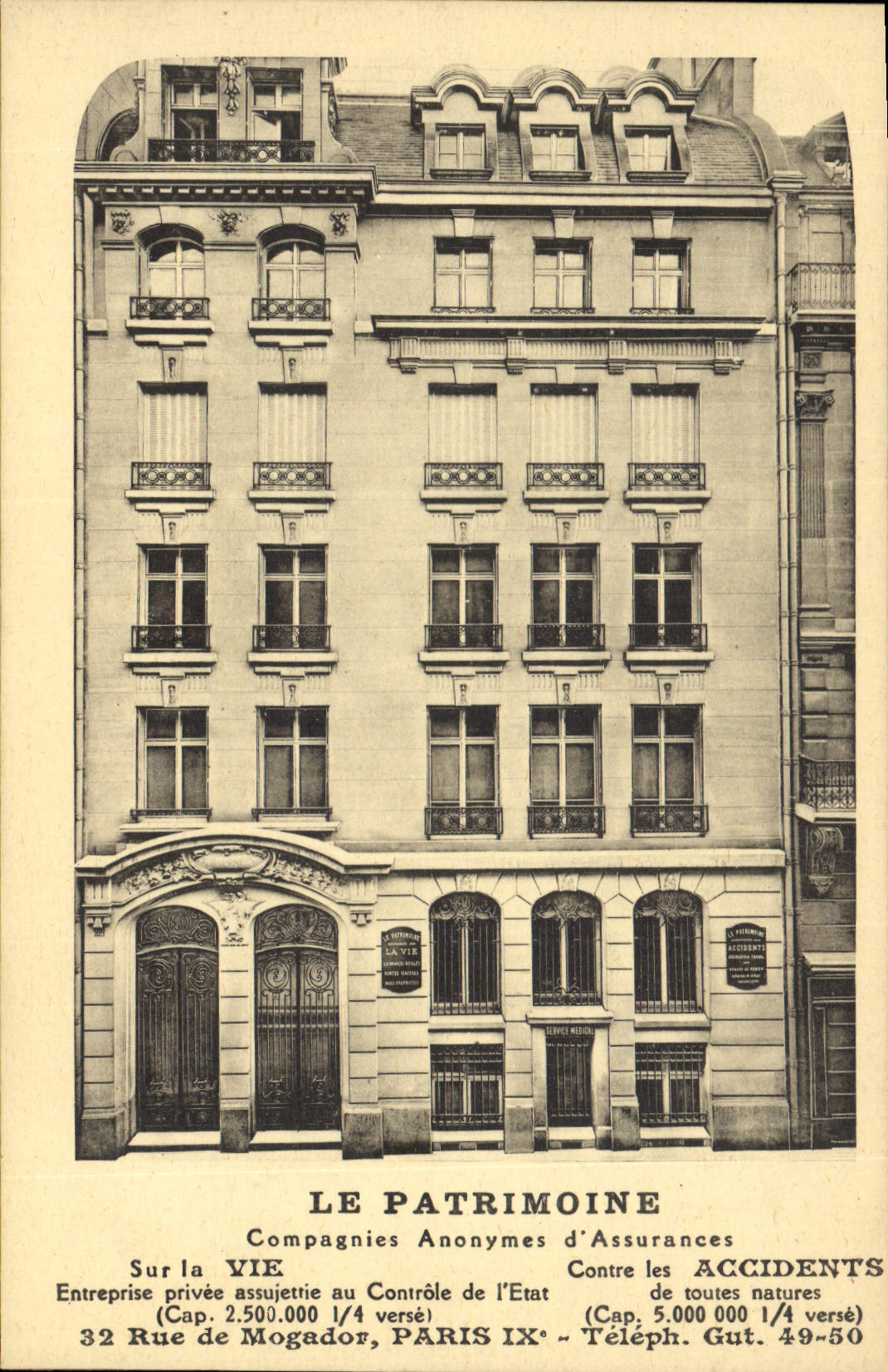32 Rue de Mogador, PARIS IXe — Compagnies Anonymes d'Assurances LE PATRIMOINE