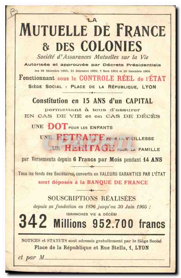 CPA Assurance Lyon Le monument Carnot et le siege de la Mutuelle de France et des Colonies — Rückseite