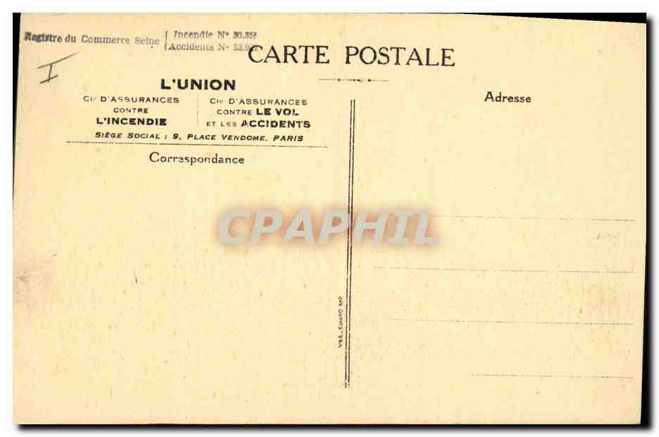 CPA Assurance Paris Cie l'Union Incendie Place Vendome  — Rückseite