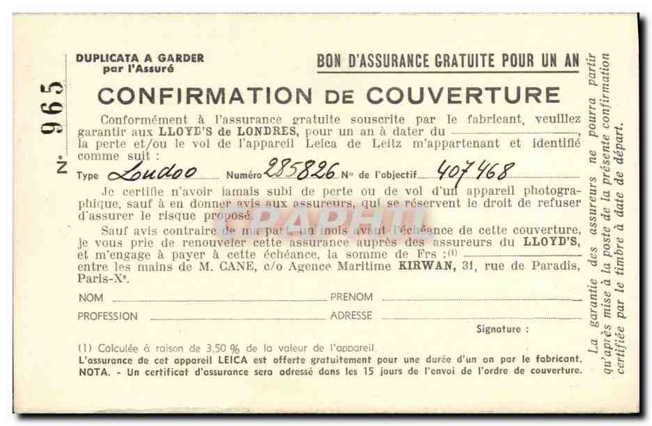CPA Assurance Confirmation de couverture Lloyd's Agence Maritime Kirwan Rue de Paradis Paris 9eme