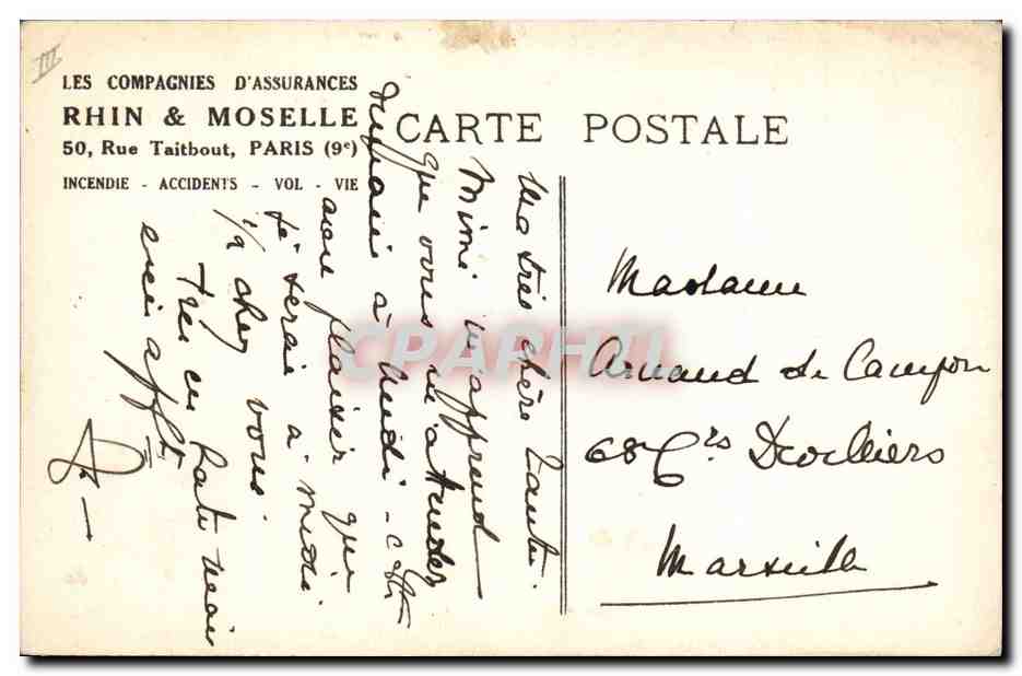 CPA Assurance Companies Rhin et Moselle Rue Taitbout Paris Chien — Rückseite