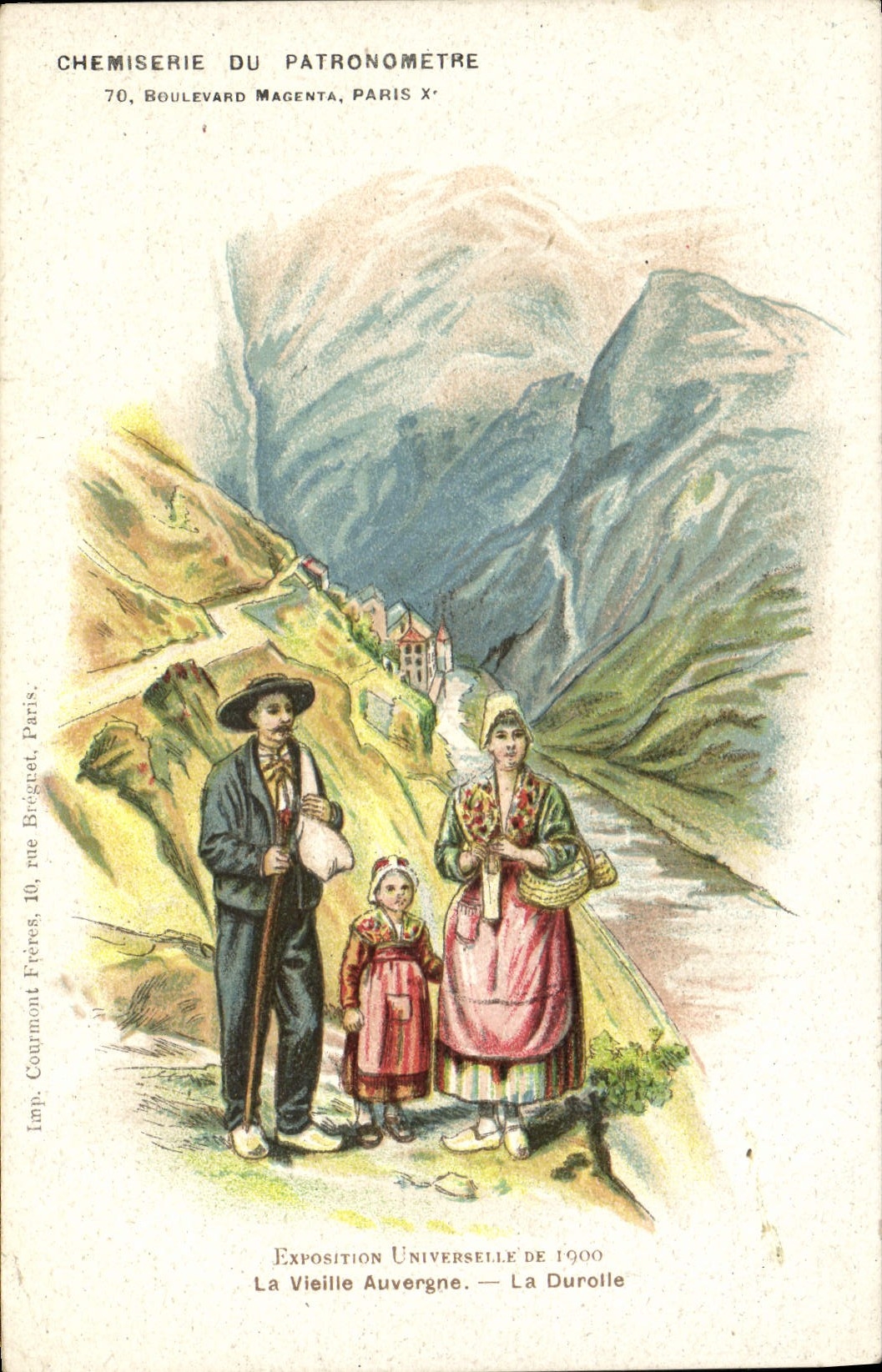 CPA Folklore Exposition universelle de 1900 La Vieille Auvergne La durolle Publicite Chemiserie du Patronometre Paris 