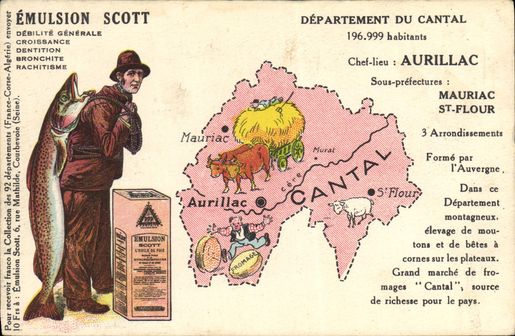Département du Cantal — Carte publicitaire pour l'émulsion Scott — Éditeur : Collection Scott
