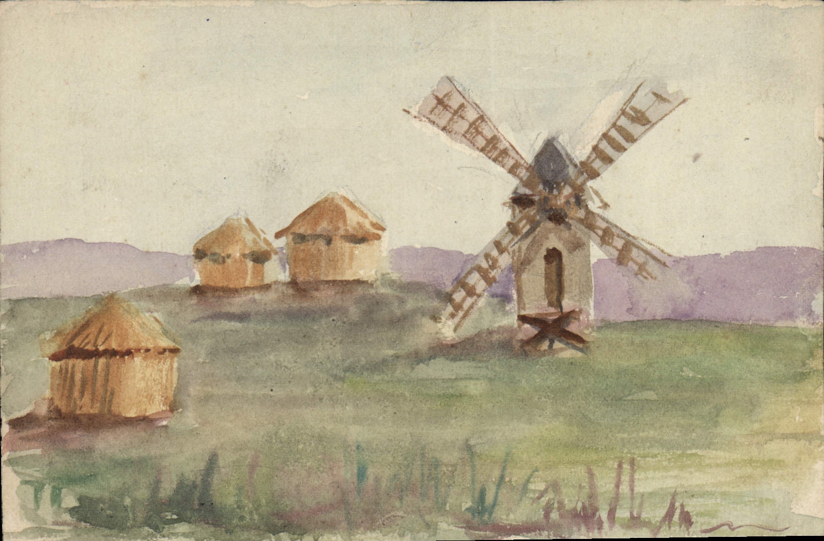 CPA Dessin a la main Moulin a vent
