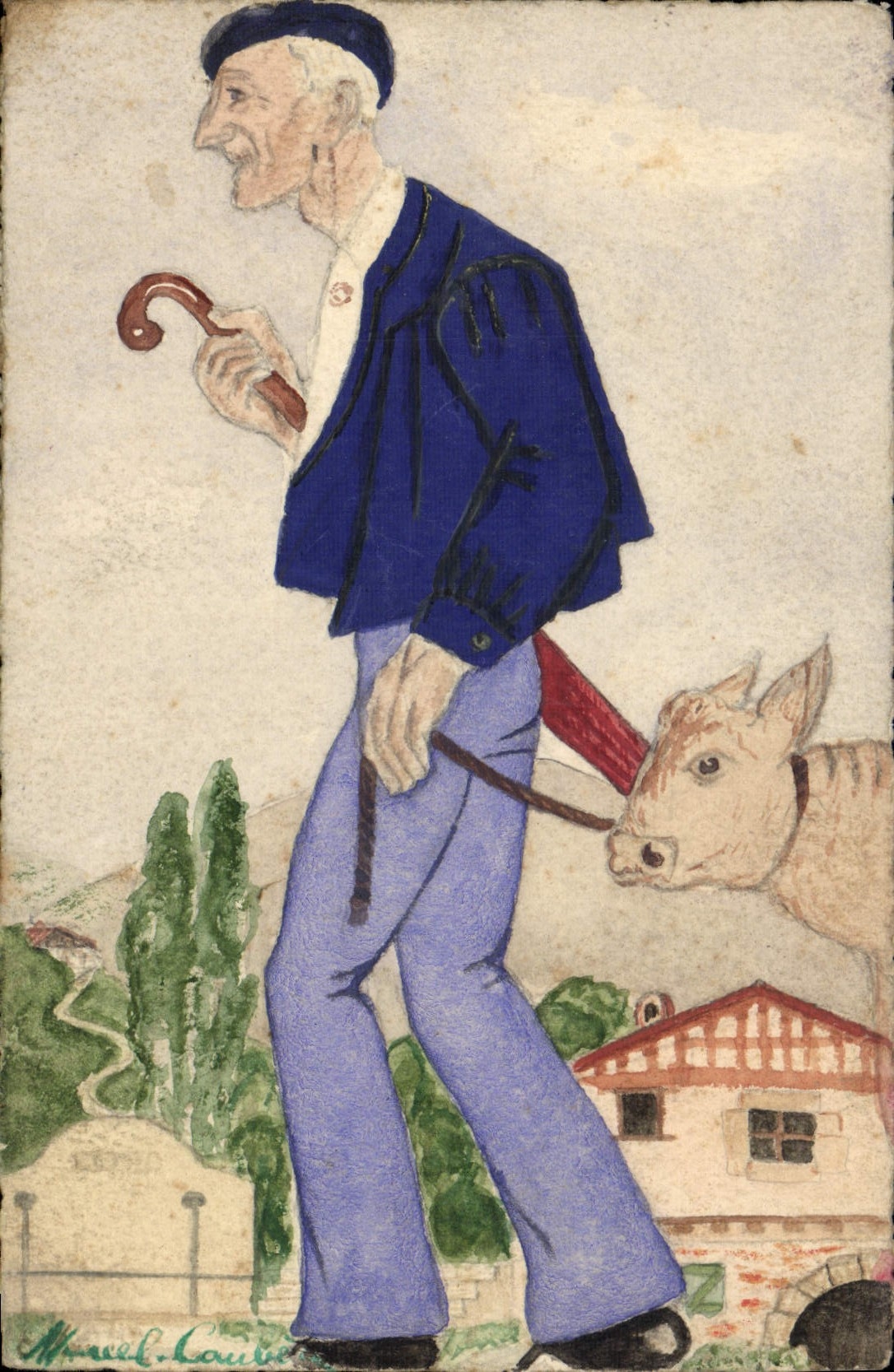 CPA Dessin a la main Paysan Vache