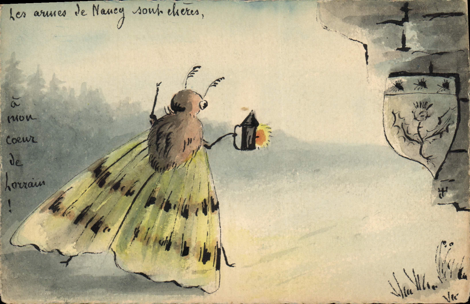 Armes de Nancy — illustration d'un papillon tenant une lanterne devant un blason — éditeur non identifié
