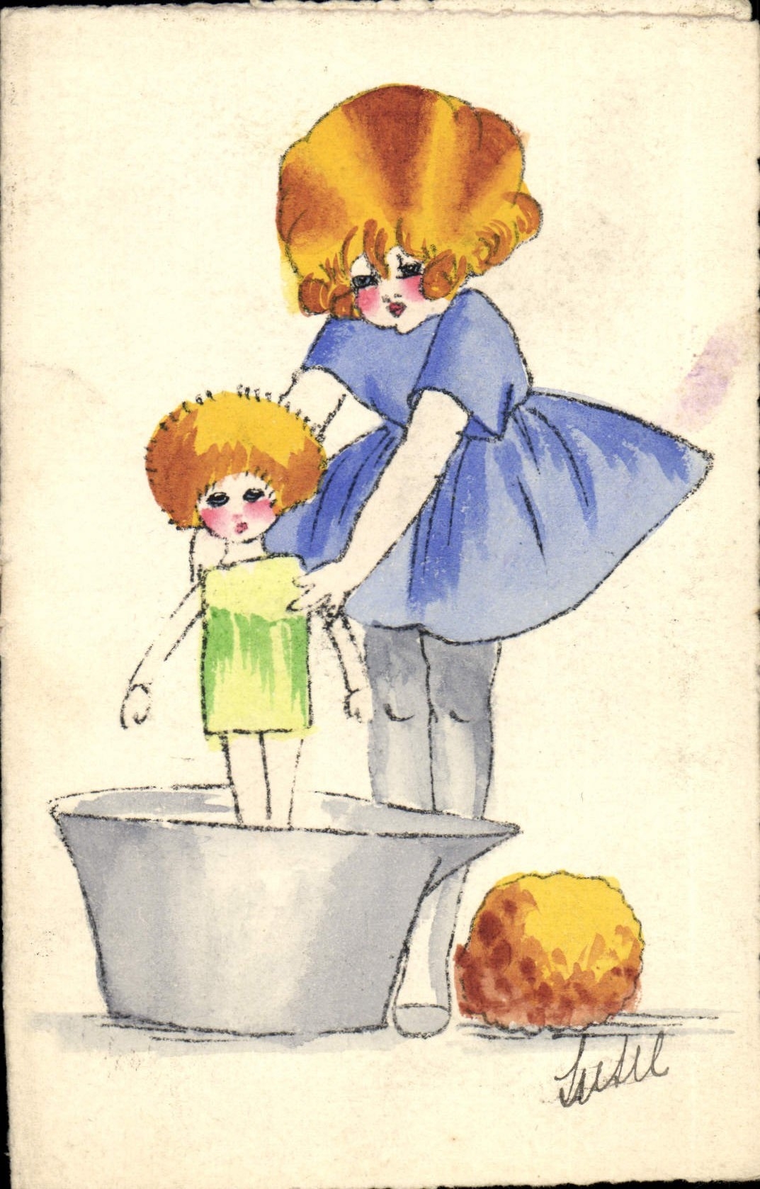 CPA Dessin a la main Enfants Poupee