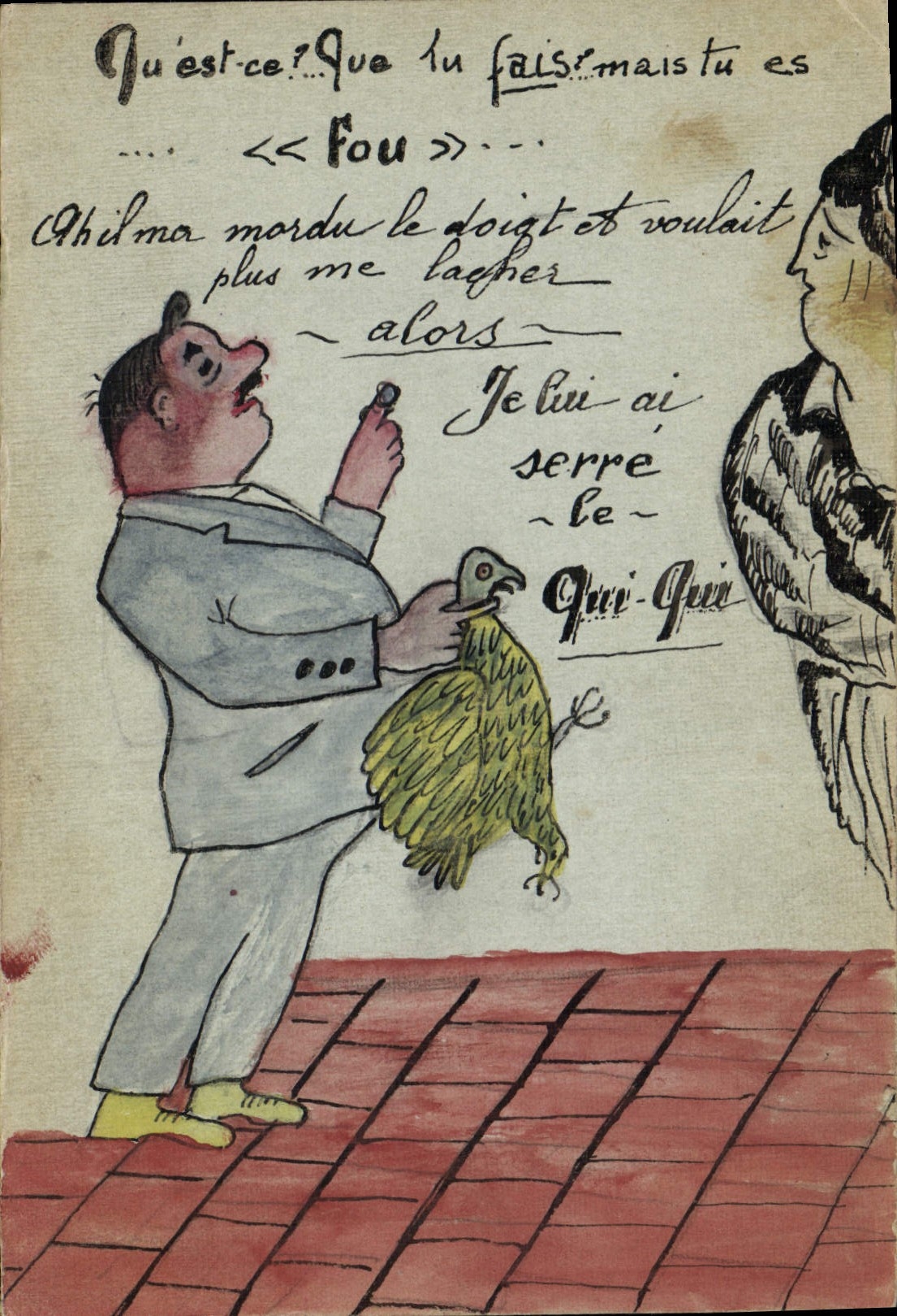 Homme avec pigeon — caricature humoristique — sans éditeur ni numéro visible