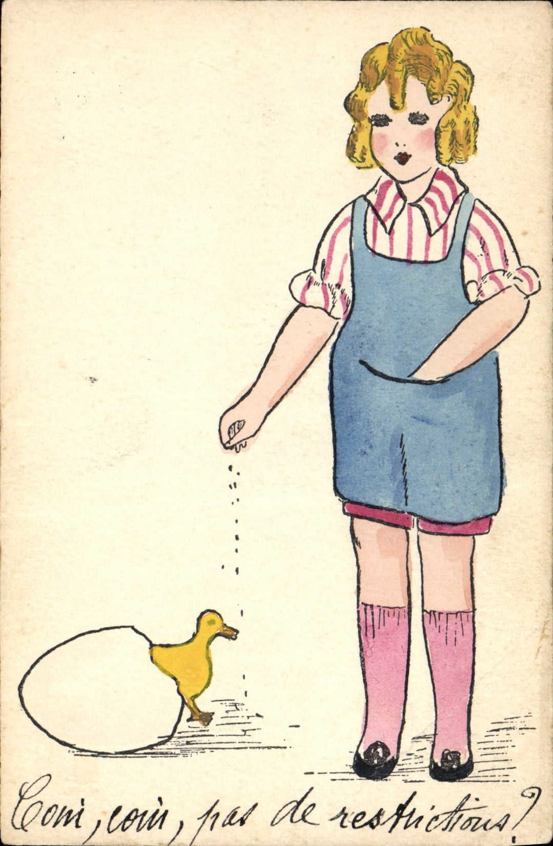 Femme avec un caneton — illustration humoristique — éditeur non identifié