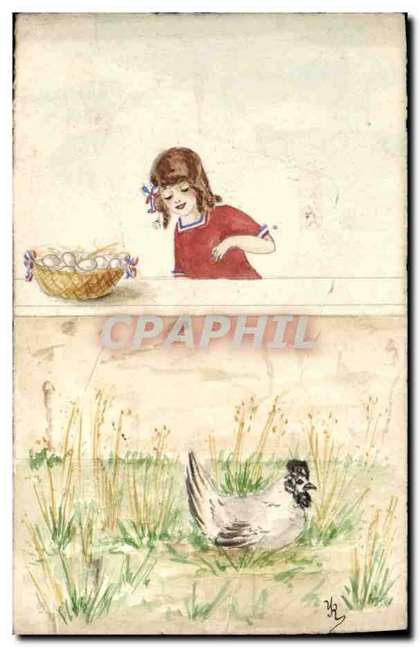 CPA Dessin a la main Enfant Poule