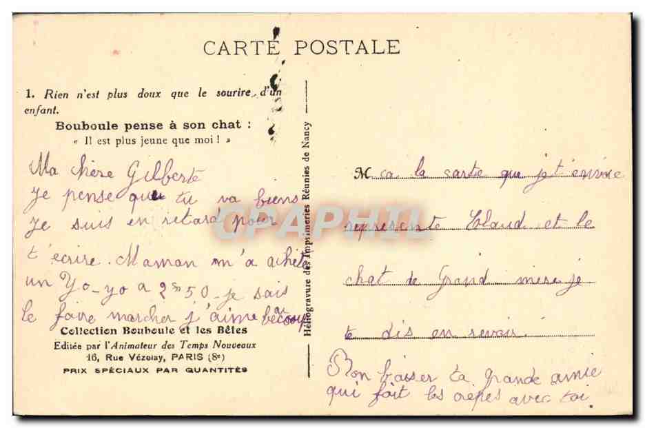 CPA Chat chats Chaton Enfant Bouboule et les betes — Rückseite