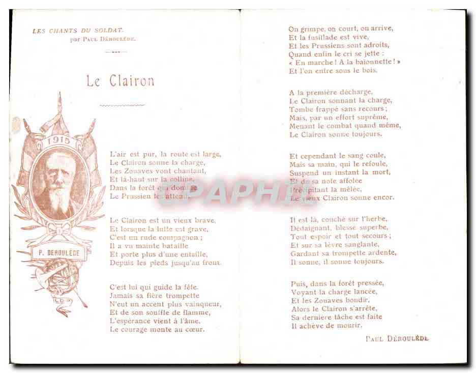 CPA Militaria Le Clairon Les chants du soldat Paul Deroulede — Verso