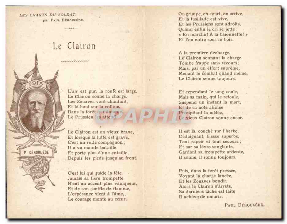 CPA Militaria Le clairon Les chants du soldat Paule Deroulede — Verso