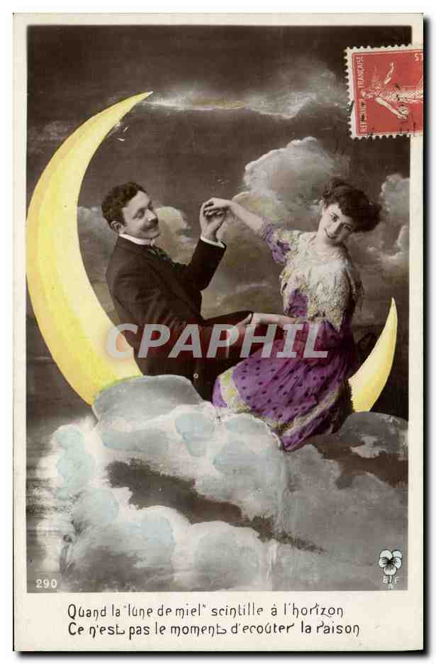 Couple sur croissant de lune — scène romantique — éditeur BIE n°290