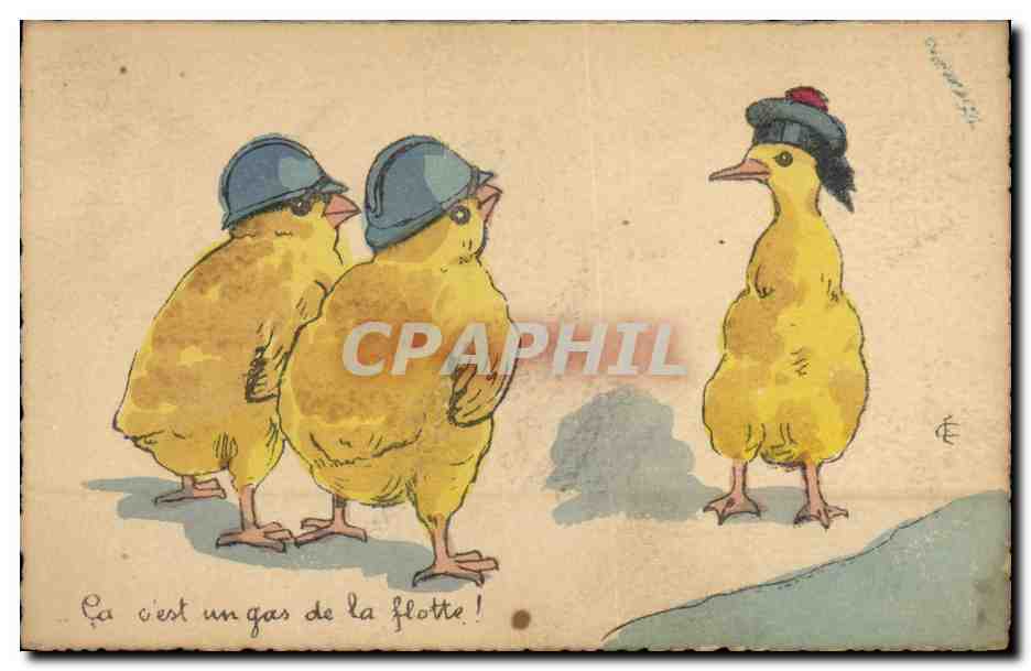 Trois poussins en casques — caricature militaire — éditeur non identifié