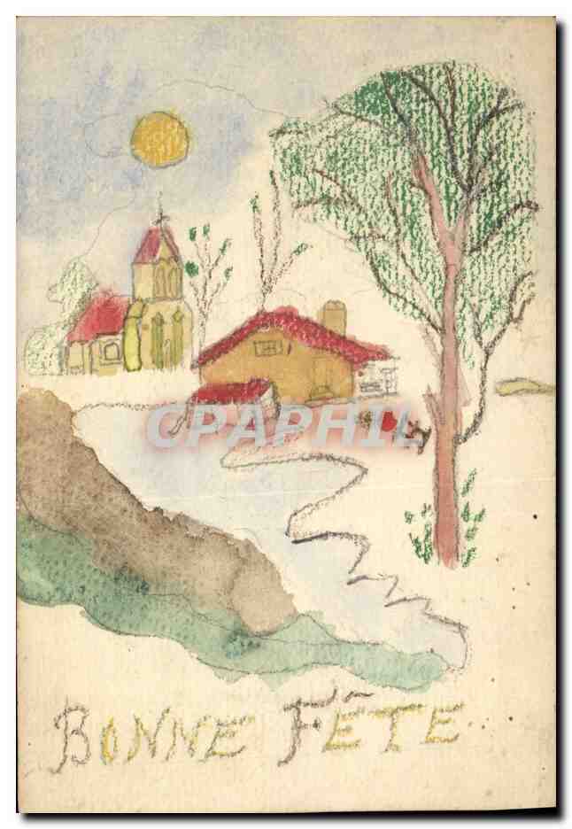 CPA Dessin a la main Paysage Bonne fete