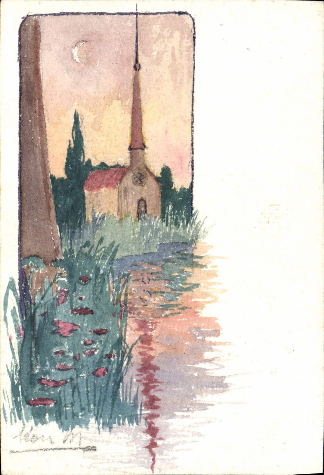 Église au crépuscule — vue nocturne avec croissant de lune — dessin de Héloin M. - Anverso