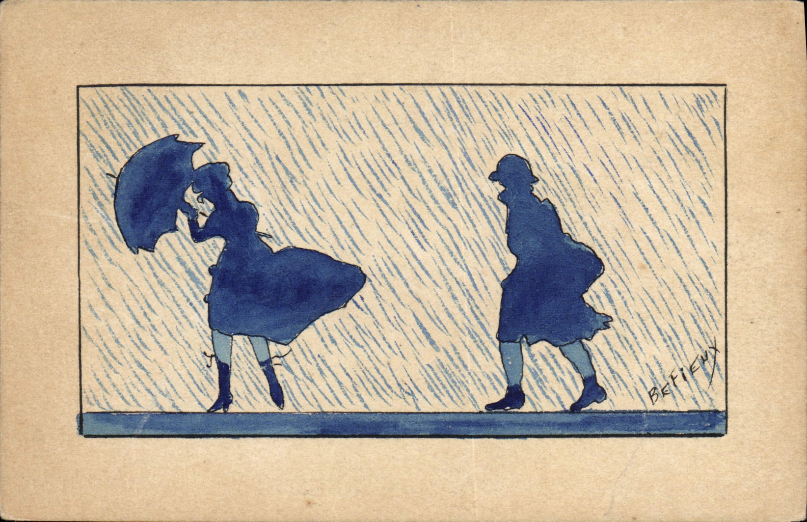 Deux silhouettes sous la pluie — illustration de BÉTIEUX — éditeur non visible
