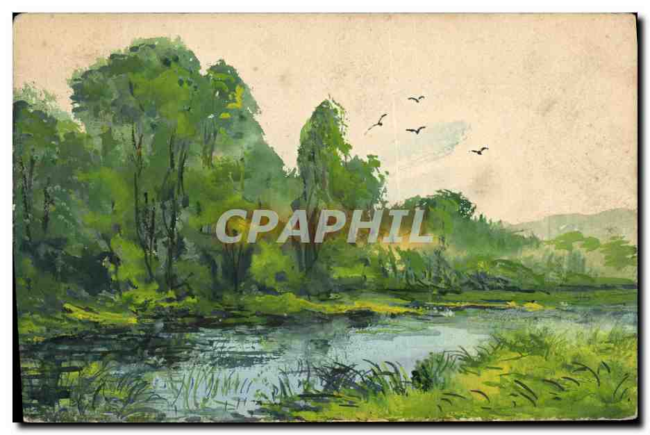 Flusslandschaft mit Wald — Aquarell-Illustration — Antike Ansichtskarte