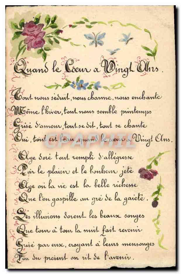 CPA Dessin a la main Fleurs Poeme Quand le coeur a Vingt Ans