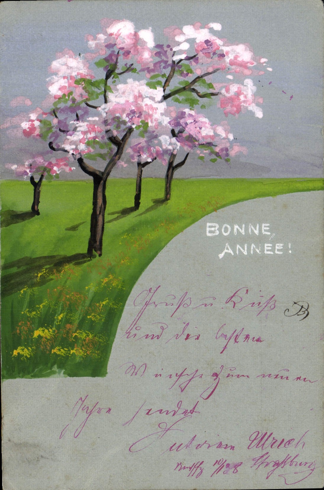 CPA Dessin a la main Arbres Foret Bonne Annee