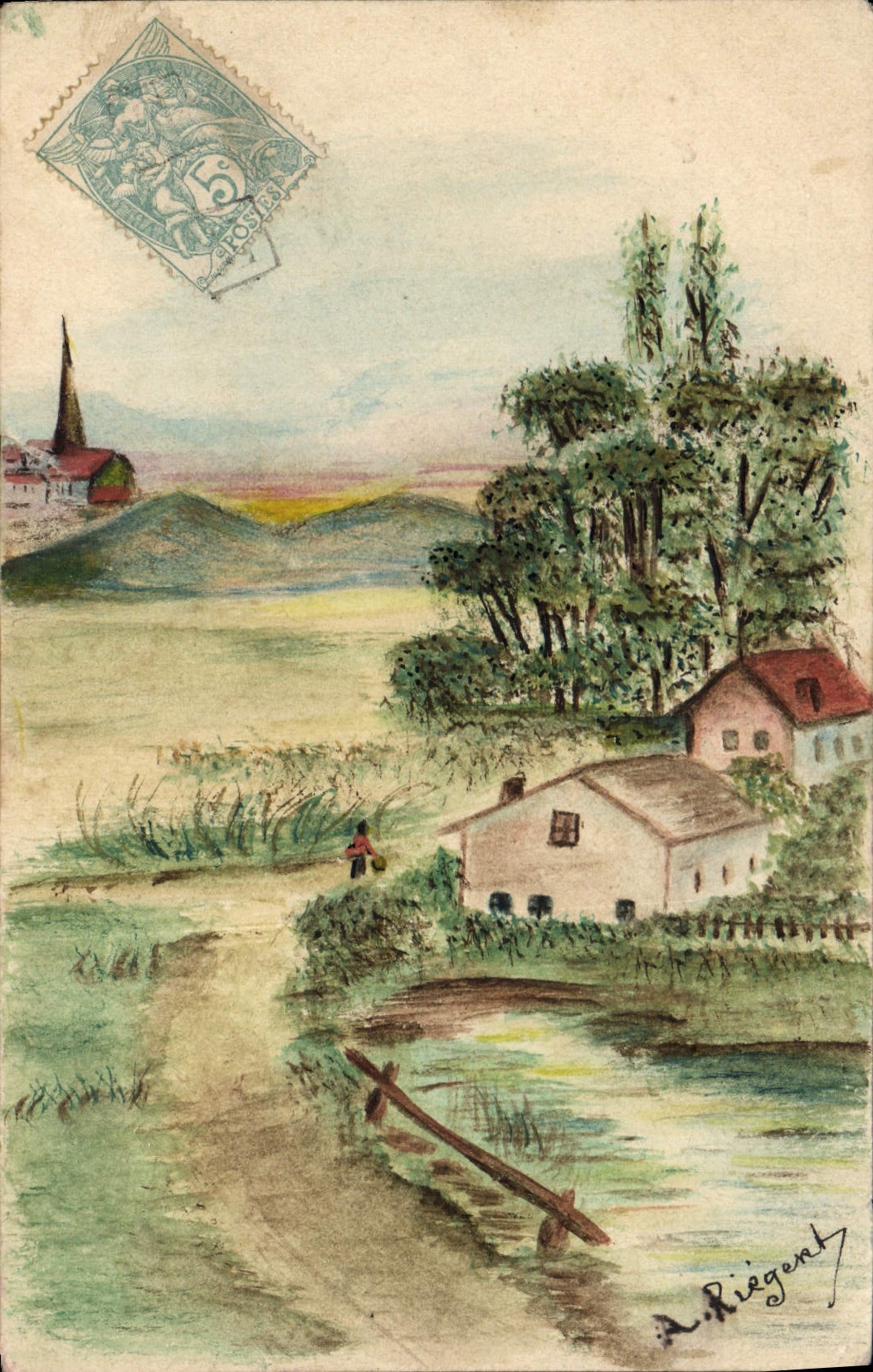 CPA Dessin a la main Paysage
