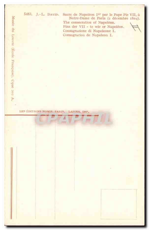 CPA Histoire Napoleon 1er David Sacre de Napoleon 1er par le Pape Pie VII a Notre Dame de Paris  — Rückseite