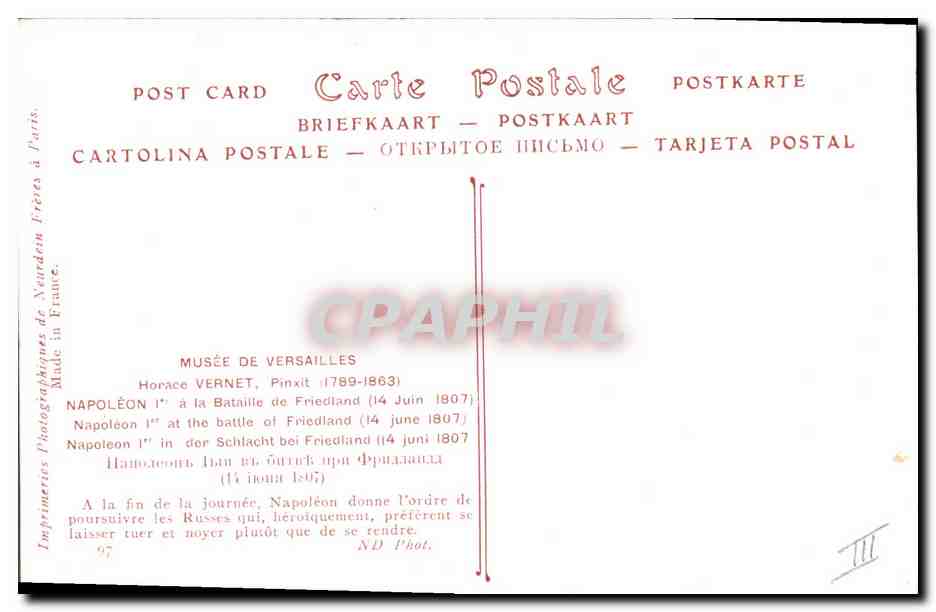 CPA Histoire Napoleon 1er Musee de Versailles Horace Vernet Bataille de Friedland — Rückseite