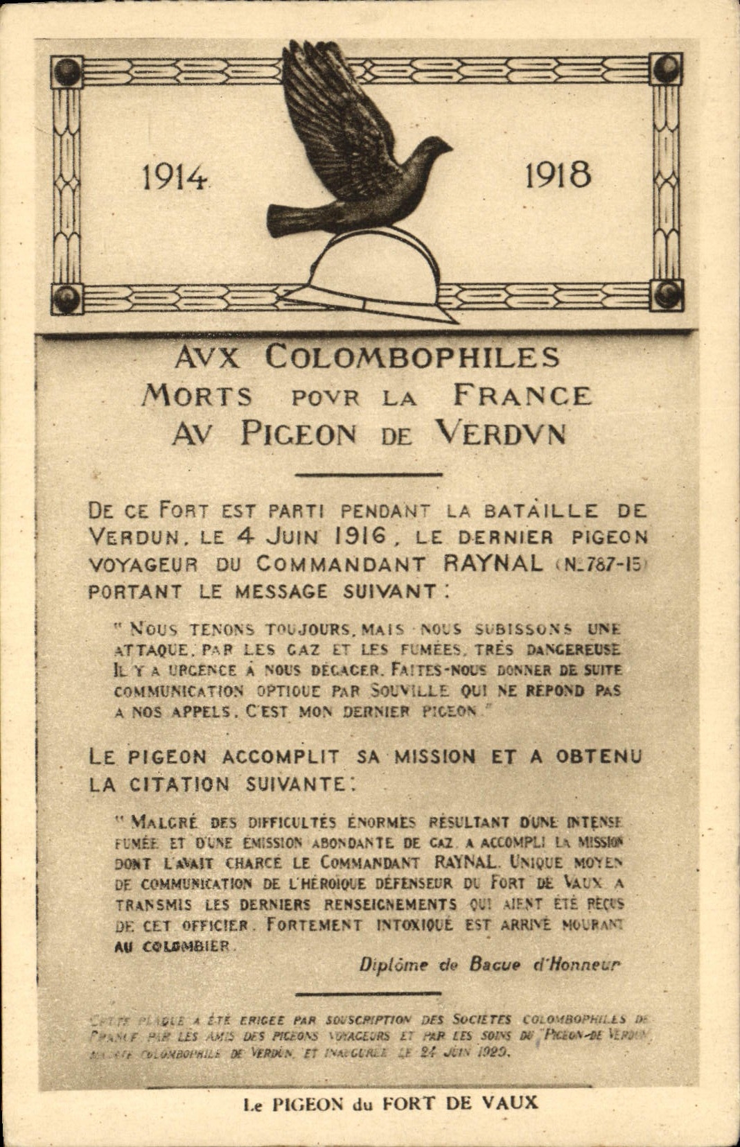 Pigeon voyageur mort pour la France — Fort de Vaux — Société Colombophile de Verdun