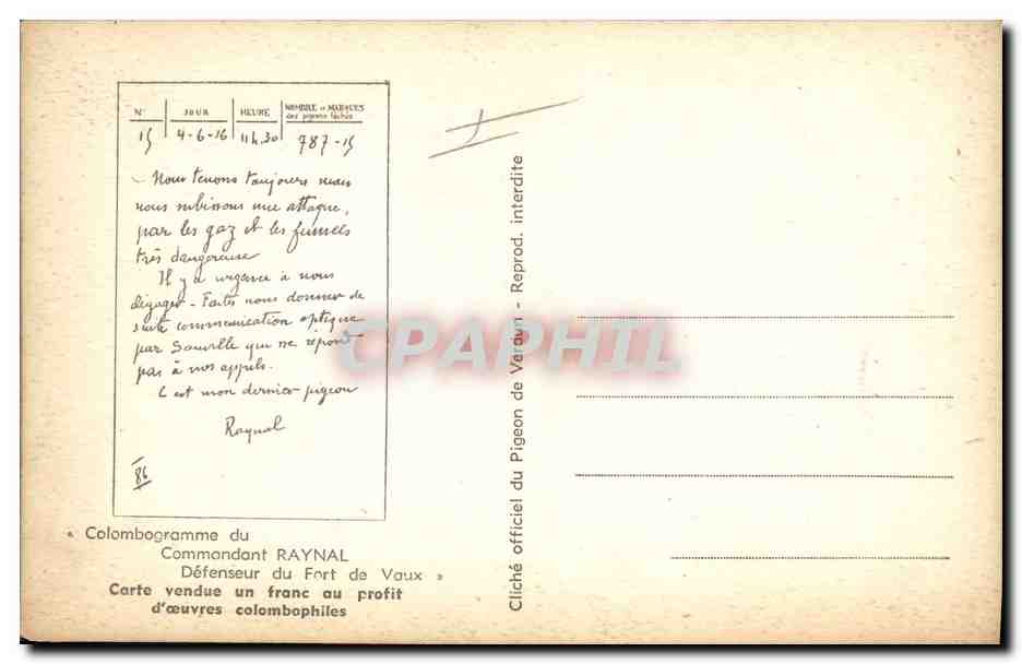 CPA Colombe Colombophilie Colombogramme du commandant Raynal Fort de Vaux Militaria  — Rückseite