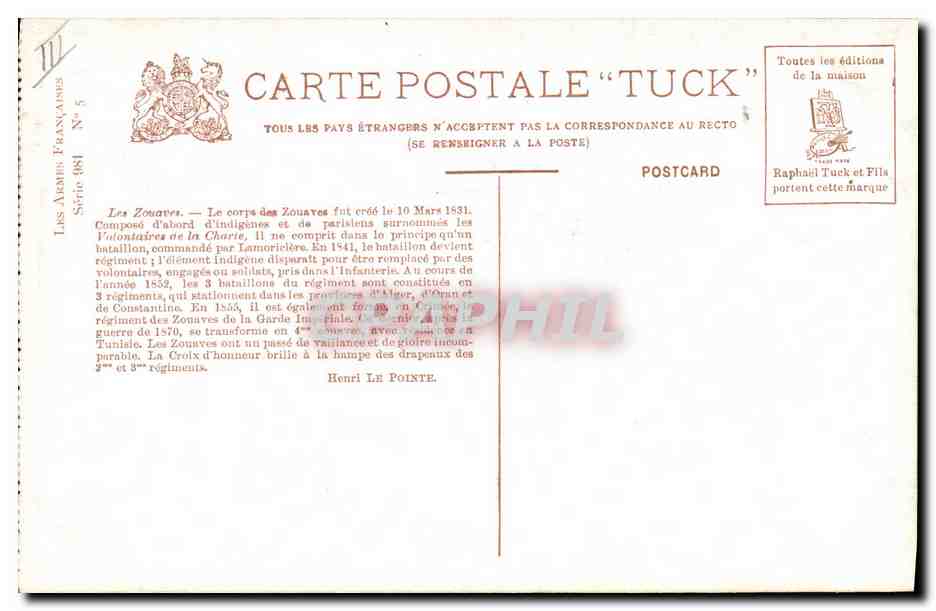 Zouaves — Compagnie de zouaves en marche — N. Beroud, série 981, éditeur Tuck — Verso