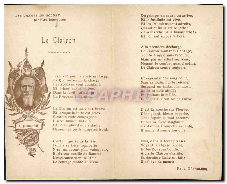 CPA Militaria Le Clairon Les chants du soldat Paul Deroulede  — Rückseite